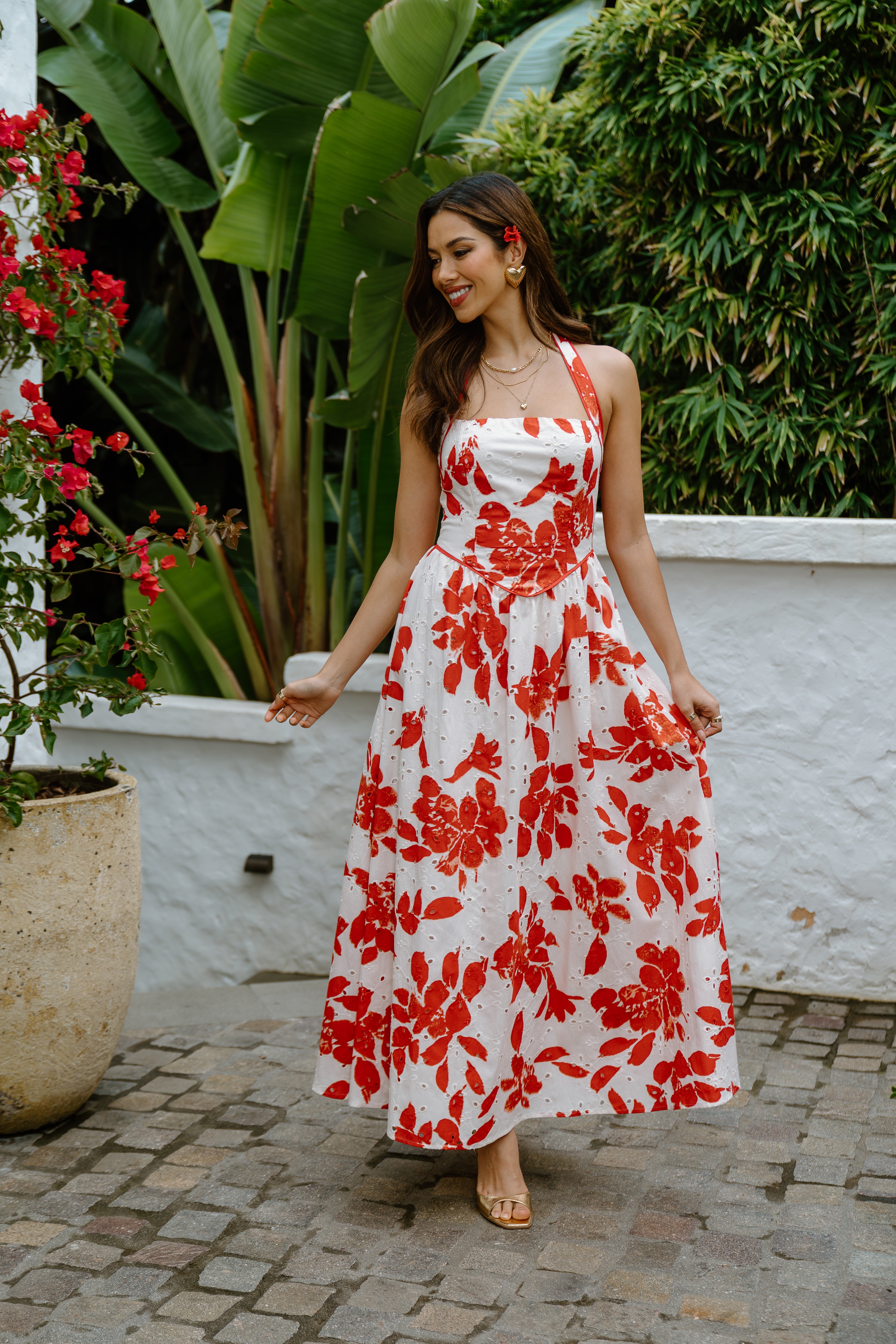 Cassie Red Floral Halter Neck Maxi Dress – All About May