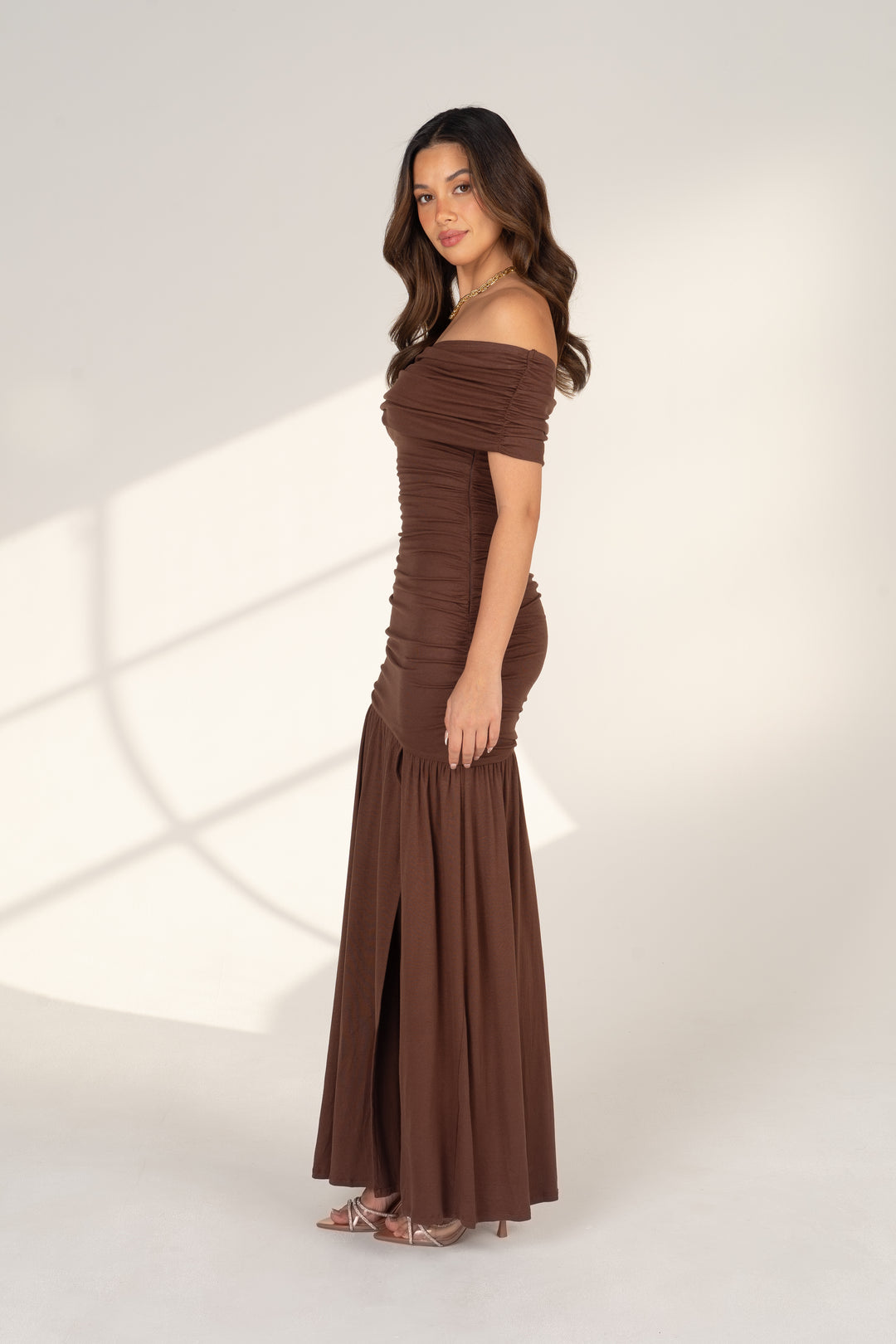 Marceline Off-Shoulder Chocolate Maxi Dress