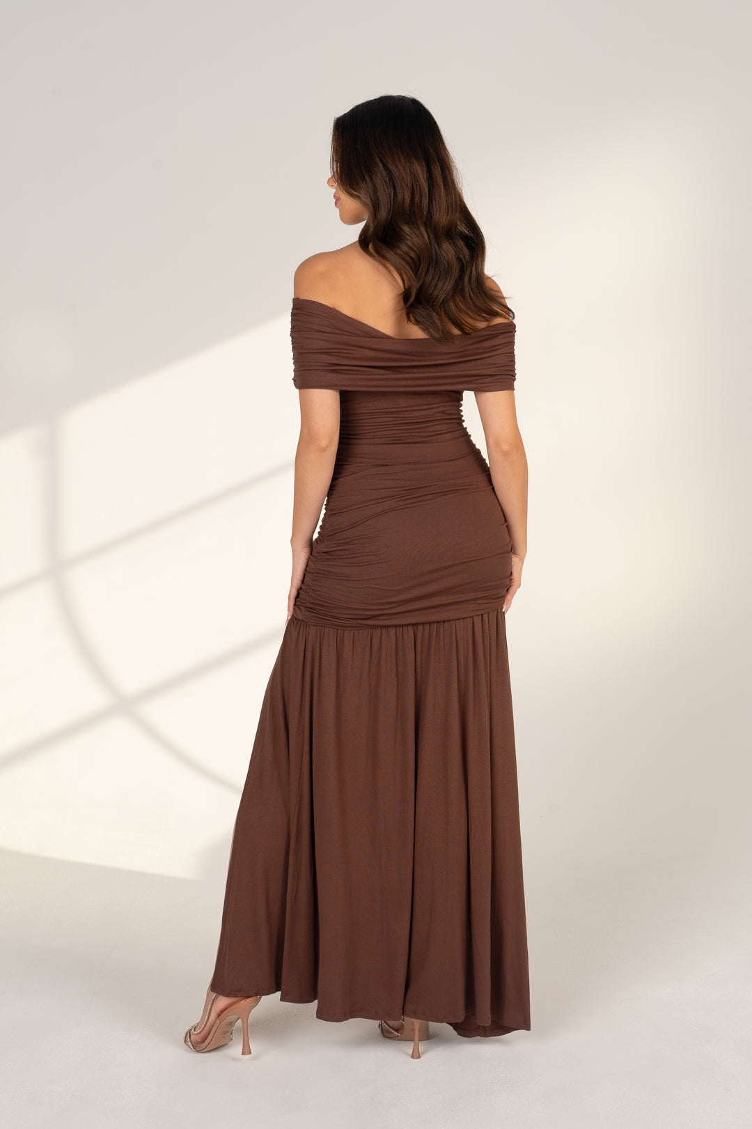Marceline Off-Shoulder Chocolate Maxi Dress