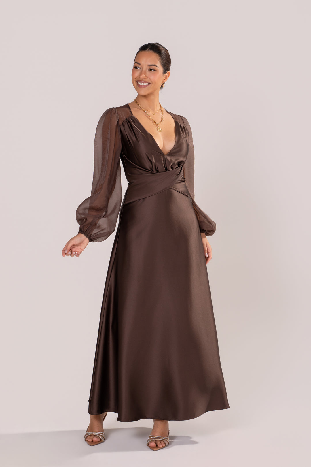 Carlotta Chocolate Maxi Dress with Sheer Billowed Sleeves All About May Carlotta Chocolate Maxi Dress with Sheer Billowed Sleeves All About May