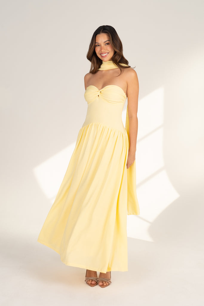 Celina Strapless Yellow Midi with Neck Scarf All About May Celina Strapless Yellow Midi with Neck Scarf All About May