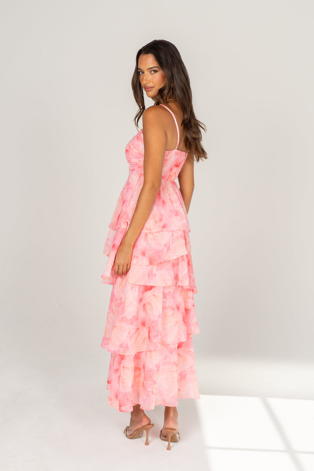 Formal Light Pink Floral Dress Pink Midi Ruffle Dress Emilia Pink Floral Tiered Midi Dress All Formal Light Pink Floral Dress Pink Midi Ruffle Dress Emilia Pink Floral Tiered Midi Dress All