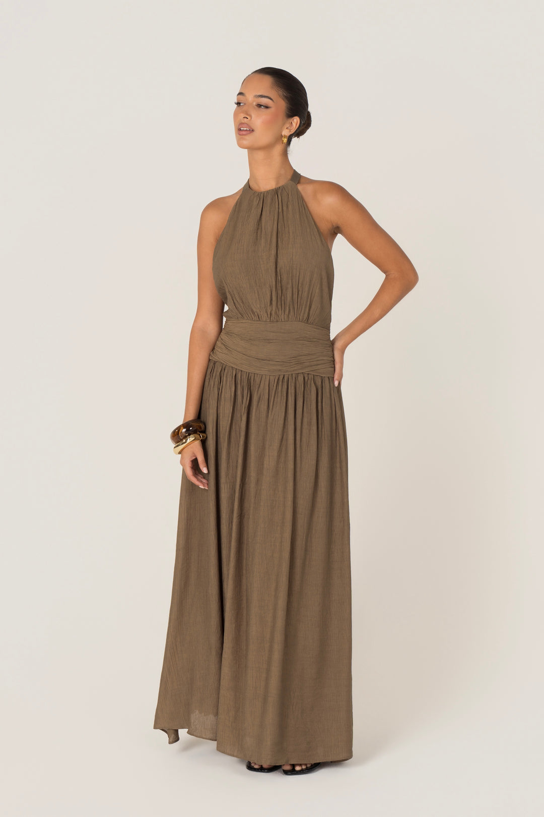 Emmet Khaki Open Back Halter Dress – All About May