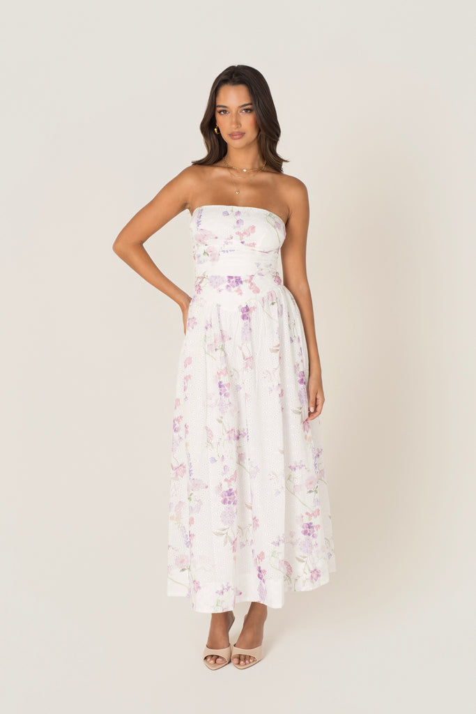 Freda White Floral Strapless Maxi Dress – All About May Freda White Floral Strapless Maxi Dress – All About May