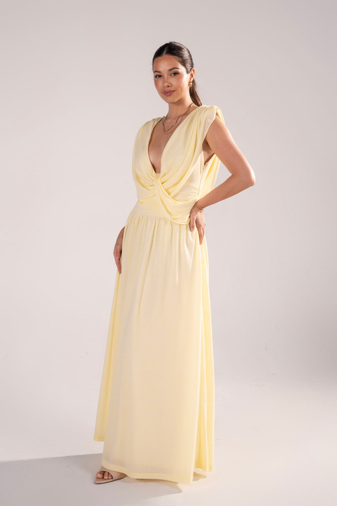 Giovanna Pale Yellow Maxi Dress with Cowl Draping – All About May Giovanna Pale Yellow Maxi Dress with Cowl Draping – All About May