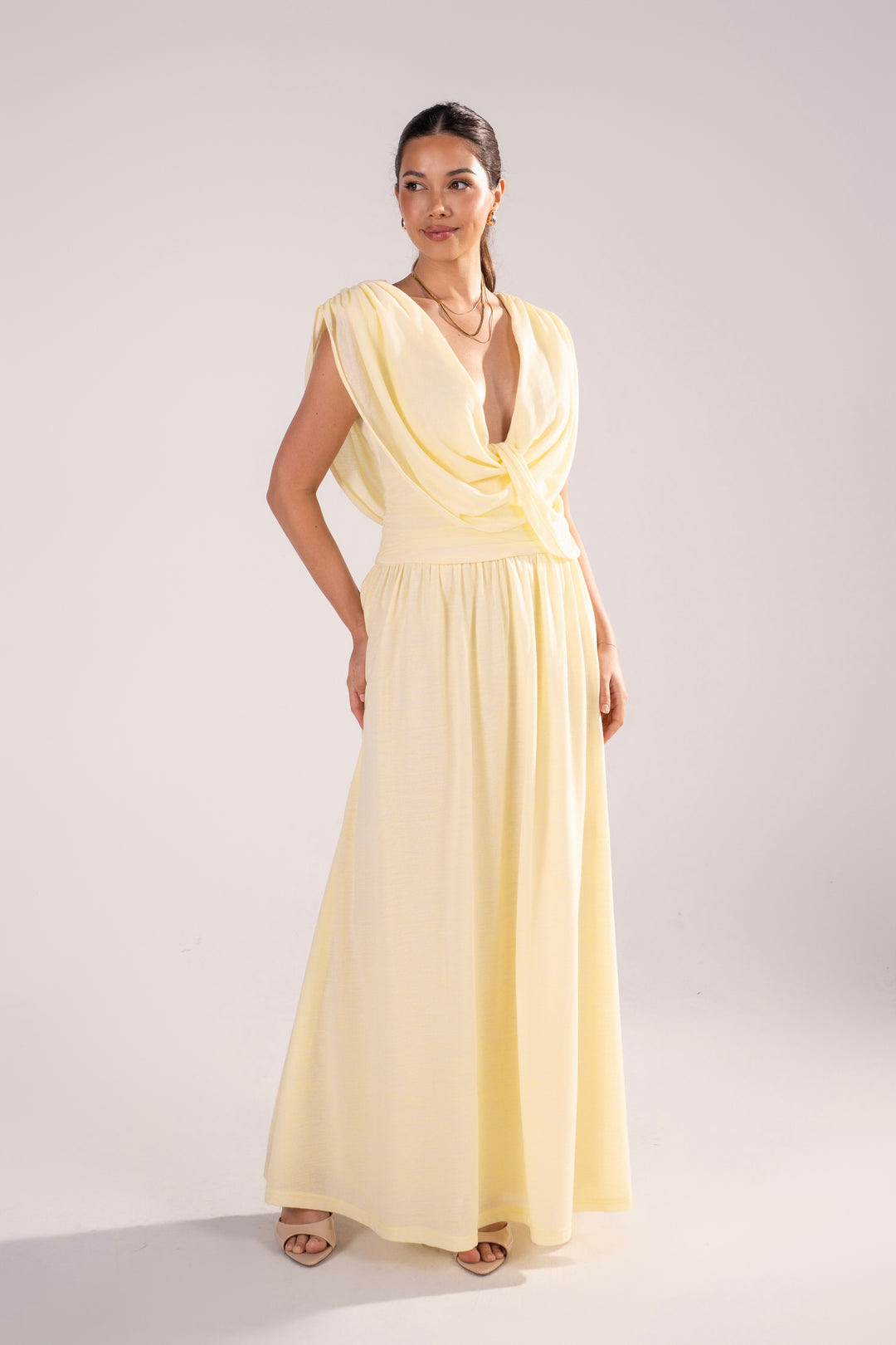 Giovanna Pale Yellow Maxi Dress with Cowl Draping – All About May