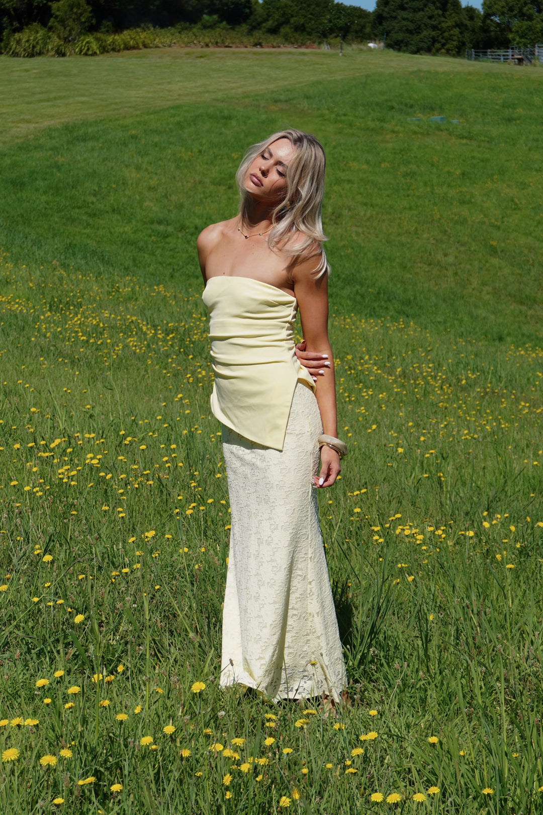 Genevieve Set - Strapless Asymmetrical Hem Top & Lace Midi Skirt