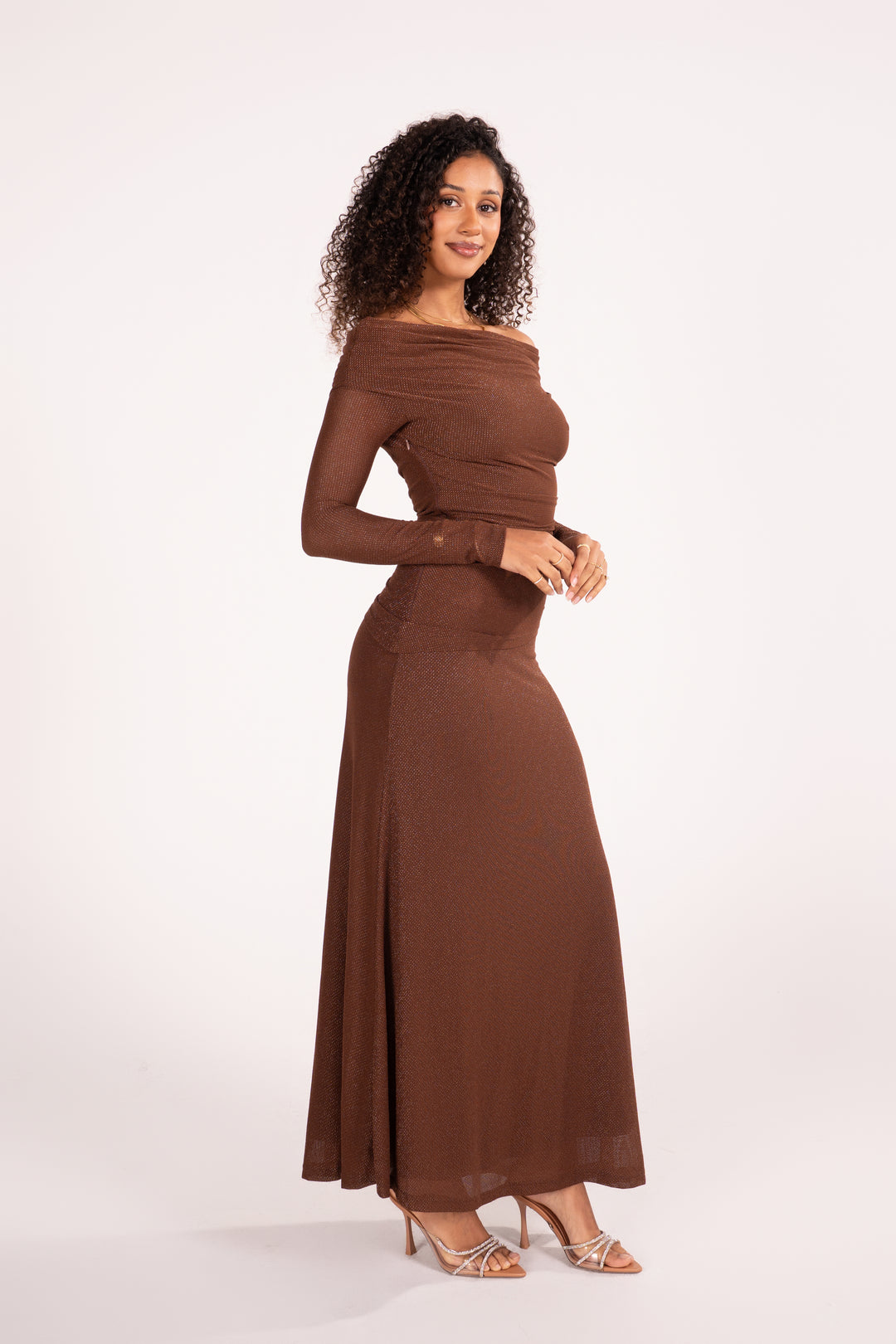 Irina Brown Shimmer Off Shoulder Maxi Dress with Sheer Long Sleeves – All About May