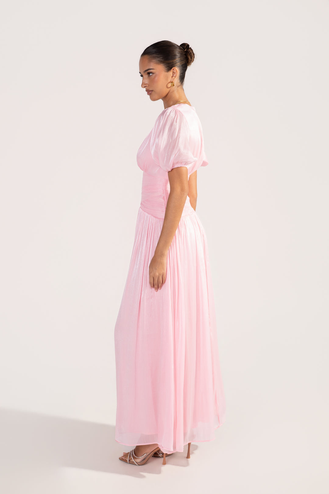 Selisse Pink Shimmer Puff Sleeve Maxi Dress