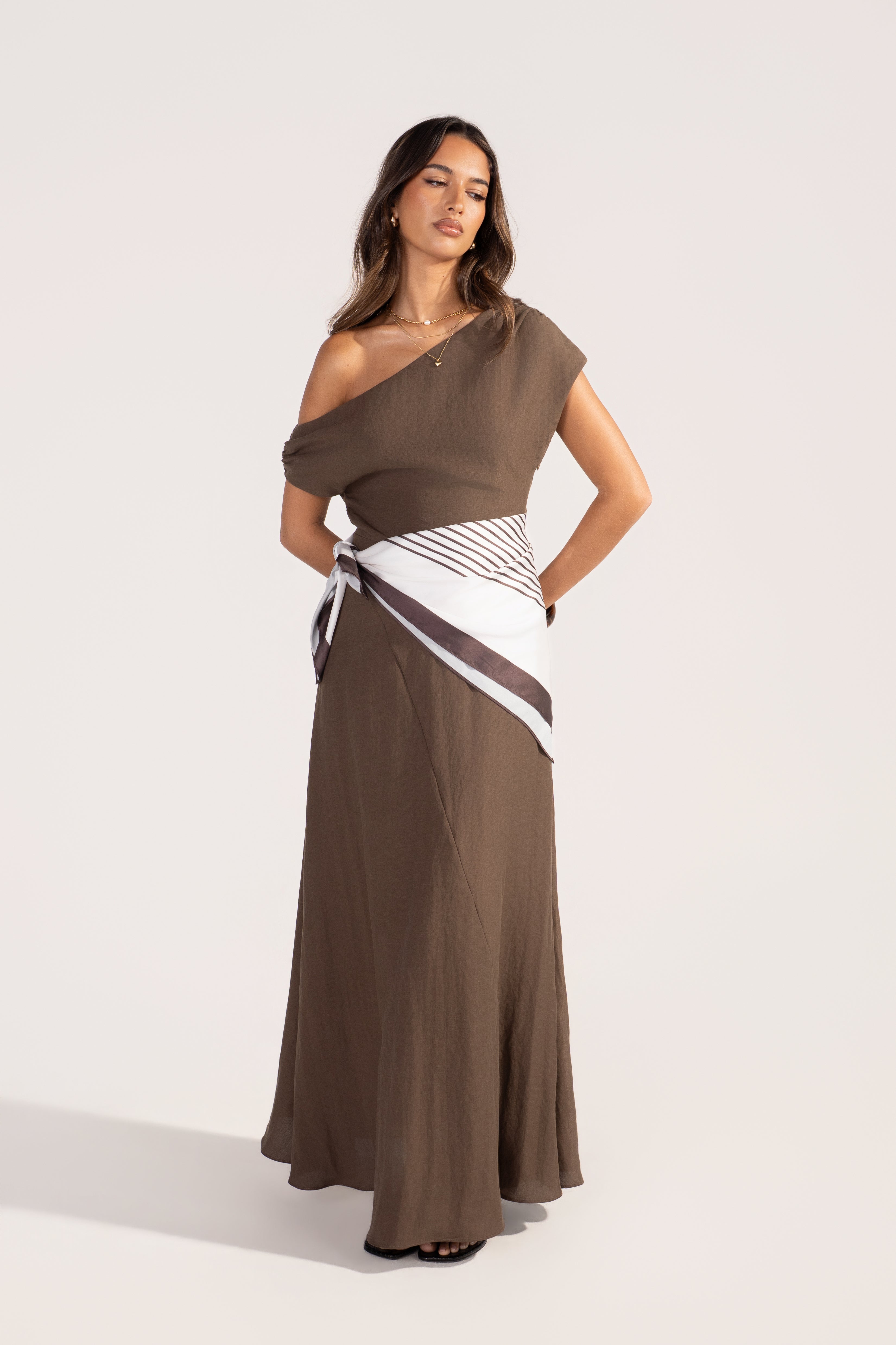 Tonya Chocolate Drop Shoulder Maxi with Waist Scarf – All About May