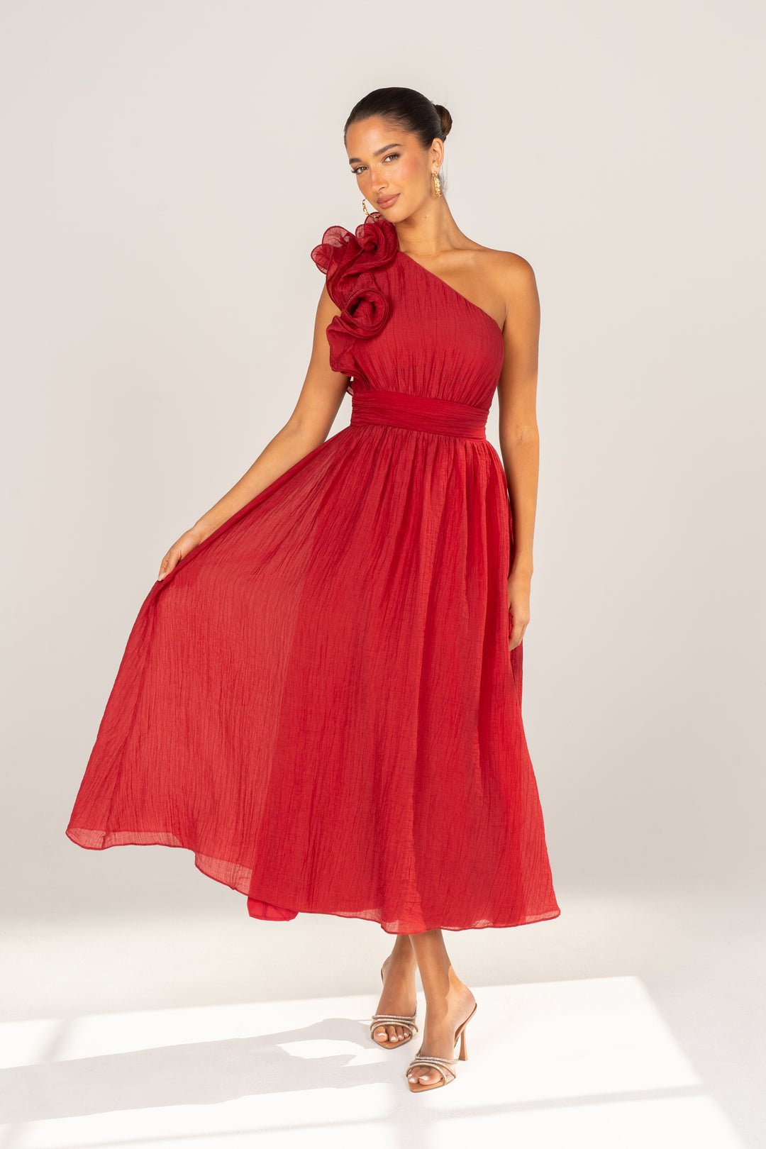 zara one shoulder red dress Zara One-Shoulder Ruffle Midi Dress – All About May